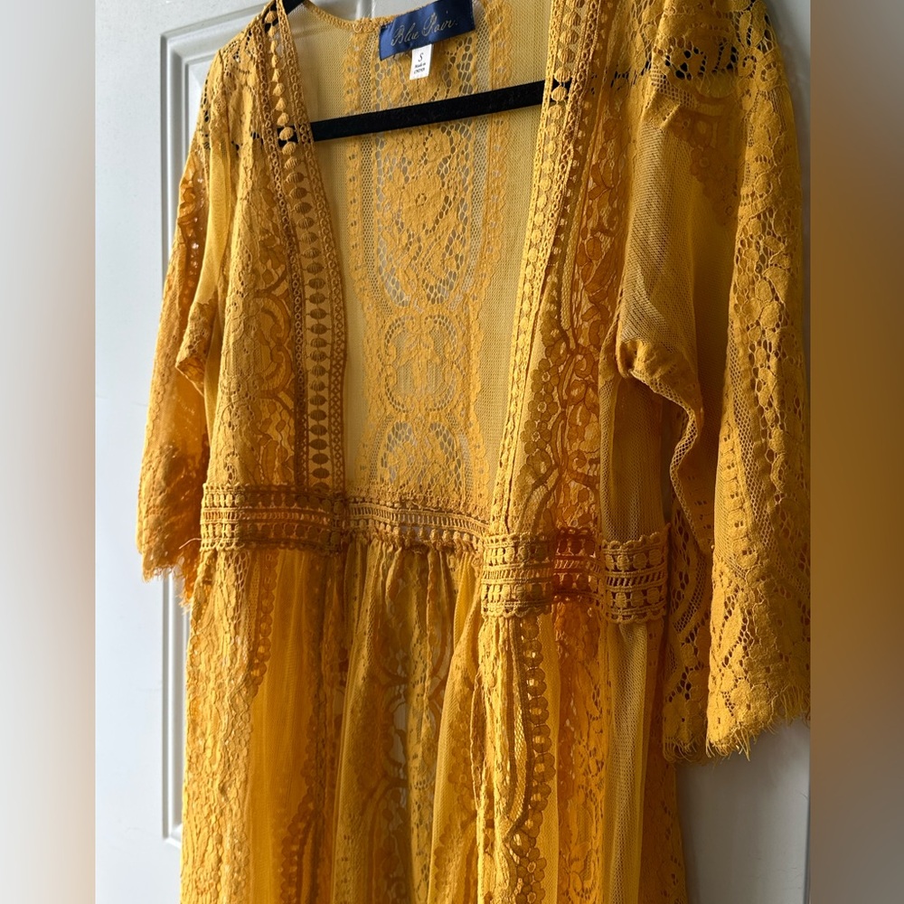 Blue Rain Golden Yellow Boho Lace Kimono Cardigan - Picture 9 of 12